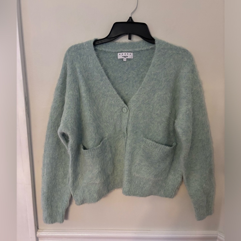 Gorgeous pale sage green Suncoo fuzzy sweater